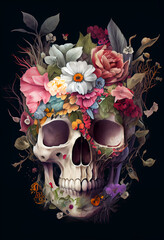 Menschlicher Totenkopf mit bunten Blumen auf schwarzen Hintergrund - Generative Ai