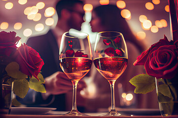 Romantic date with a bouquet of red roses and a pair of stemware with red wine on the dining table. - obrazy, fototapety, plakaty