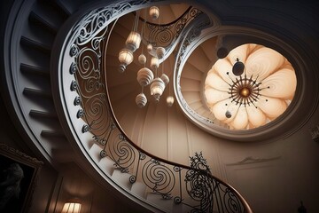 Spiral staircase decorated with modern lamps
