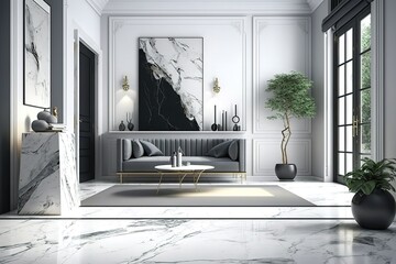 Modern room interior with furniture on marble floor at home