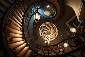 Spiral staircase decorated with modern lamps