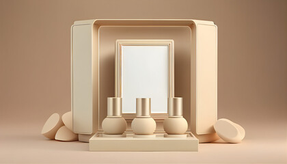 AI Generated, 3D product display with rectangle frame in beige color.