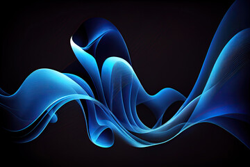 Fototapeta na wymiar Smooth abstract wavy blue curves on black background with copy space