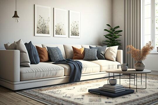 cream sofa in modern living room with rug