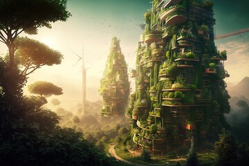 Splendid environmental awareness city with vertical forest concept of metropolis covered with green plants. Civil architecture and natural biological life combination. Digital art