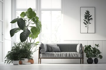 Interior with sofa, plants and plaid on empty white wall background