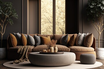 Earth tone style sofa and pillows with round center table in the living room
