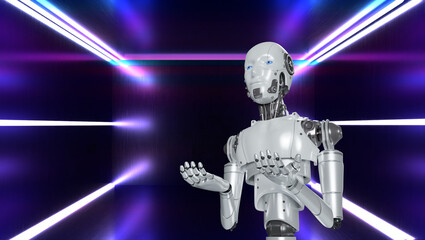 Naklejka premium White woman robot on blurred background using digital network connection 3D rendering 