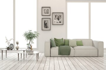 White living room with sofa. Scandinavian interior design. 3D illustration
