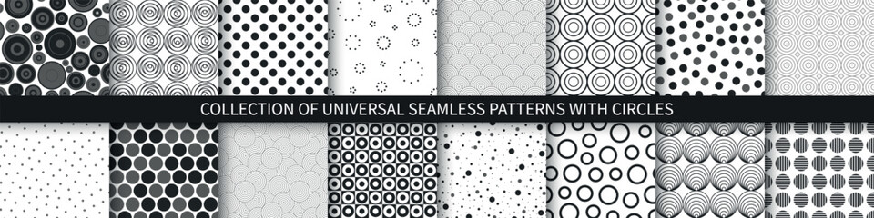 Collection of vector seamless patterns with circles and dots - monochrome design. Abstract repeatable black and white backgrounds. Fabric endess prints