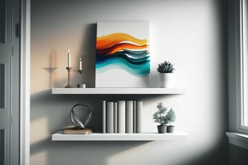 White wall with shelf and abstract painting