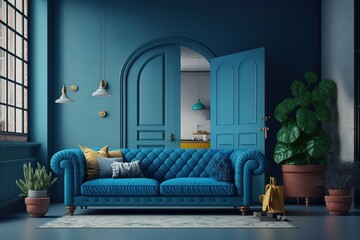 Fototapeta na wymiar Loft and vintage interior of living room, Blue sofa on white flooring and blue wall