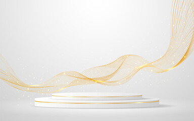 White podium with elegant gold wave lines on the back for product presentation. Display of cosmetic products. Stage or podium. vector illustration
