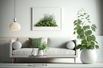 Modern living room interior with sofa and green plants,lamp,table on living .3d rendering
