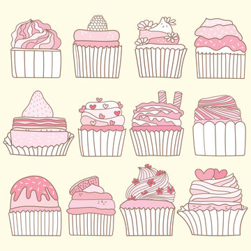 Hand drawn strawberry cupcake collection in doodle art style on soft yellow background