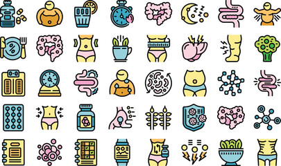 Belly icons set outline vector. Weight after. Fat man color flat on white