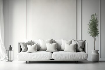 white concrete mock-up wall with white fabric sofa and pillows, modern interior, negative copy space above, 3d rendering, 3d illustration