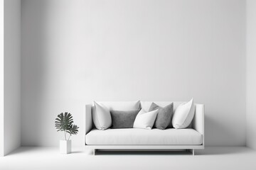 white concrete mock-up wall with white fabric sofa and pillows, modern interior, negative copy space above, 3d rendering, 3d illustration