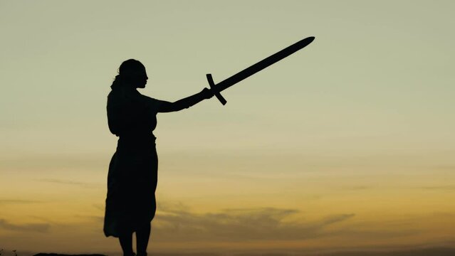 Silhouette woman in image of goddess justice holds book with inscription justice and raises sword standing background sky, side view. Concept law
