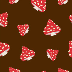 Pattern with fly agaric on a brown background, red poisonous mushrooms with white spots. Vector illustration
