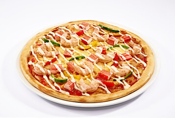 Seafood pizza, ranch sauce. with bell pepper vegetables delicious tasty fast food on white dish and isolated background