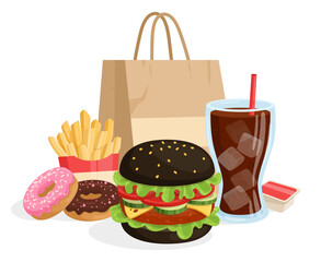 Cartoon fast food concept. Black cheese burger, french fries and soda pop, burger with grilled meat, cheese and fried potatoes flat vector illustration