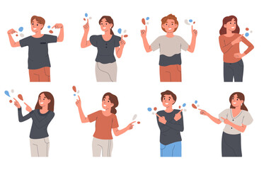 People pointing to something. Characters indicating and pointing with index finger, people pointing side, up and down flat vector illustration set