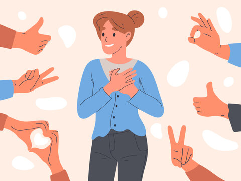 Girl with positive approval. Woman surrounded public positive respect opinion and acceptance flat vector illustration isolated on white background