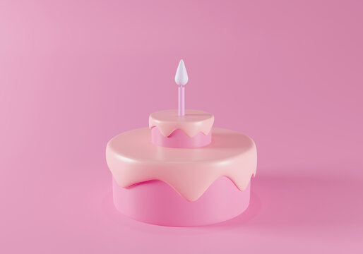 Cute birthday cake 3d rendering colorful pink with a candle, Sweet cake for a surprise birthday, mother's, Day, or Valentine's on a pink background