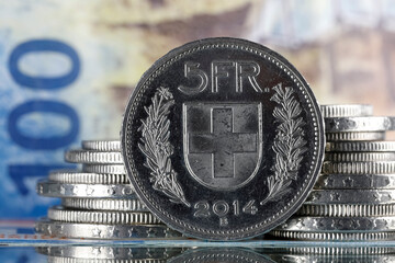 Five franc coin and other Swiss money