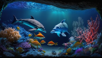 Digital illustration of a backdrop landscape with colorful tropical fish and coral, undersea coral reef life, sunlight, crystal-clear ocean water.  Generative Ai.