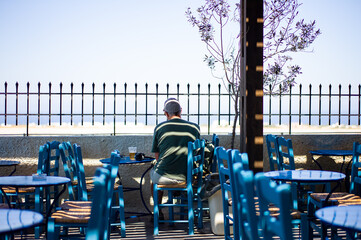 passenger waiting his plane to come at Santorini airport