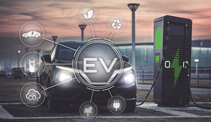 Charging hybrid EV. Charge battery of new electric vehicle. Green eco carbon free technology concept