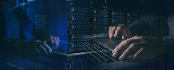 Hands typing on keyboard. Programming online database. Data processing center, cloud sharing concept