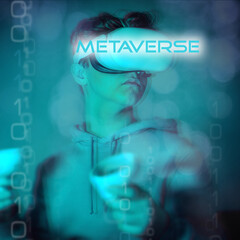 Teenager wearing a VR headset, interacting with virtual reality. Metaverse, digital worlds concept