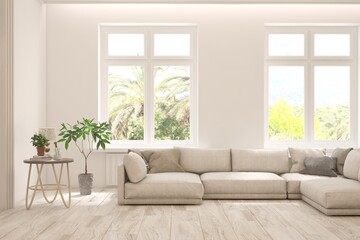 Fototapeta premium White living room with sofa and summer landscape in window. Scandinavian interior design. 3D illustration