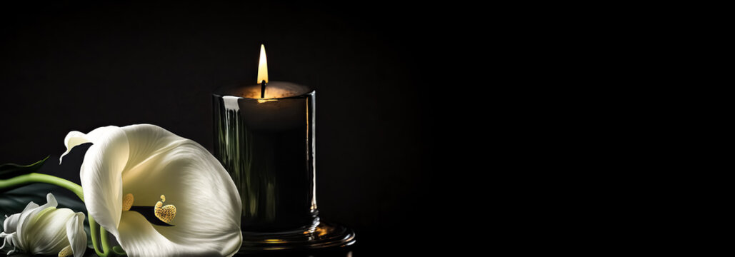 Burning candles and calla flowers on black background with space for text. Funeral concept. digital  art	