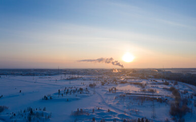 The city of Nadym at sunset in the Russian Arctic