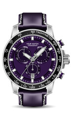 Realistic silver black watch chronograph purple face leather strap on white backgrounddesign for men fashion vector