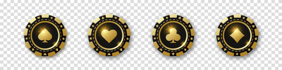 Diamonds, clubs, hearts, spades chips. Set of gold and black poker chips. Gambling tokens with suits for poker and casino. Vector illustration. For game design, advertising web banner and poster.