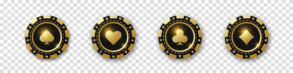 Diamonds, clubs, hearts, spades chips. Set of gold and black poker chips. Gambling tokens with suits for poker and casino. Vector illustration. For game design, advertising web banner and poster.