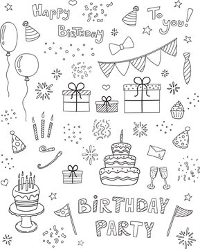 Large black and white doodle style birthday set: cake, confetti, balloons, gifts, letter, birthday hats, cupcake, text: happy birthday to you. Vector image.