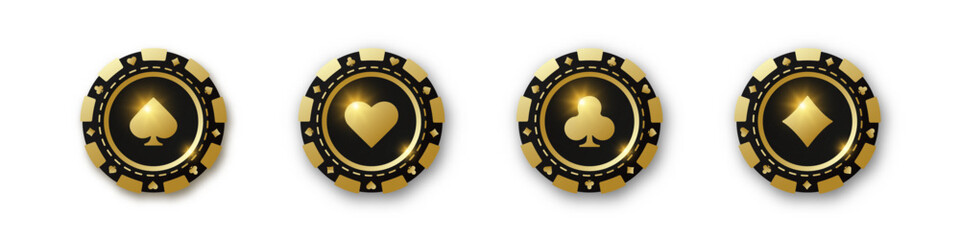 Diamonds, clubs, hearts, spades chips. Set of gold and black poker chips. Gambling tokens with suits for poker and casino. Vector illustration. For game design, advertising web banner and poster.