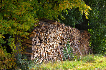 Energy crisis in europe with increasing prices: Woodpile with freshly staggered and chopped wood