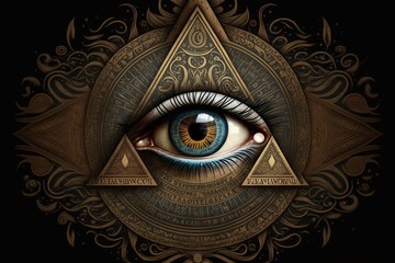  All seeing eye in sacred geometry triangle, masonry and illuminati symbol created by generative AI