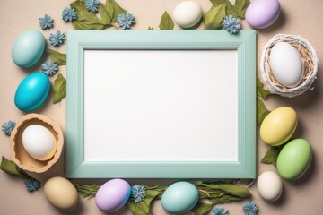 Top view, flat lay easter eggs with copy space center for text. Easter egg concept. Minimal.Happy Easter card with copy space for text. Happy Easter concept. Generative AI
