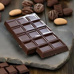 chocolate bar with nuts on wooden background