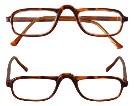 isolated front views of folded brown acetate reading spectacles