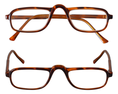 isolated front views of folded brown acetate reading spectacles