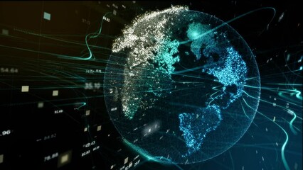 3D World trade map of 5G smart deep tech spacetech AI big data stock price index. Digitalization fintech web3 blockchain crypto money internet of things IOT concept. Speed flying online news on Earth. - Powered by Adobe